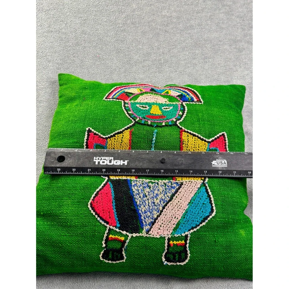 Vintage Peruvian Folk Art Embroidered Wool Pillow Green Andean Figure 13x13